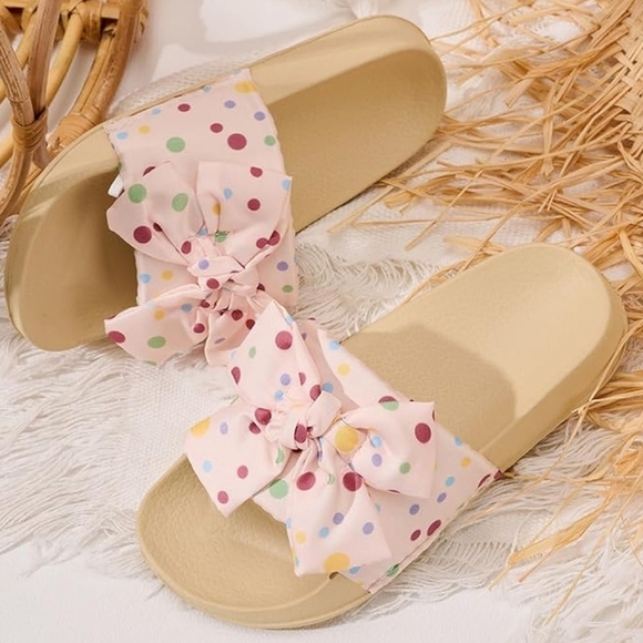 Flat Slide Sandals Slip-On Waterproof Flip-Flops Casual Shoes, Pink Bow Polkadot - Picture 4 of 8